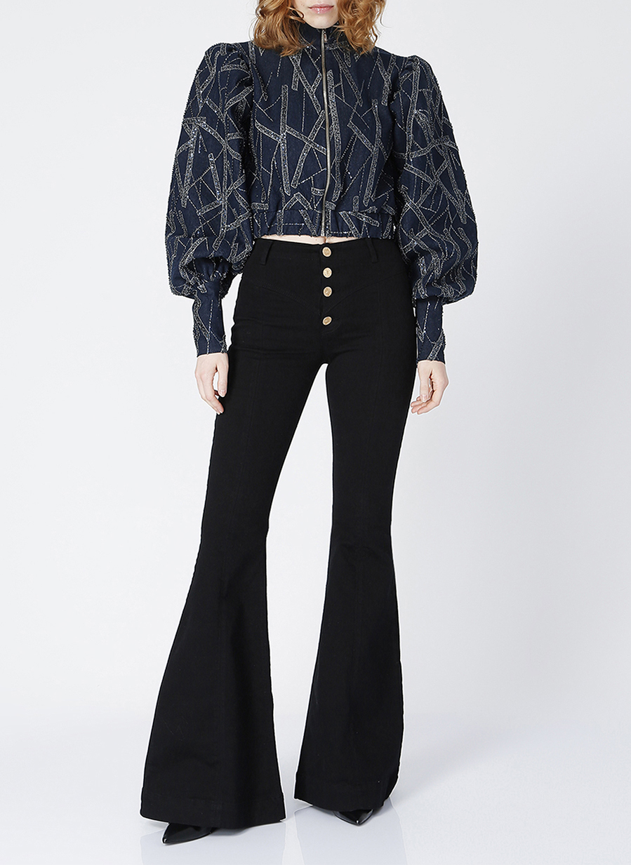 RG-200 Mid rise corsage detail flared black jeans