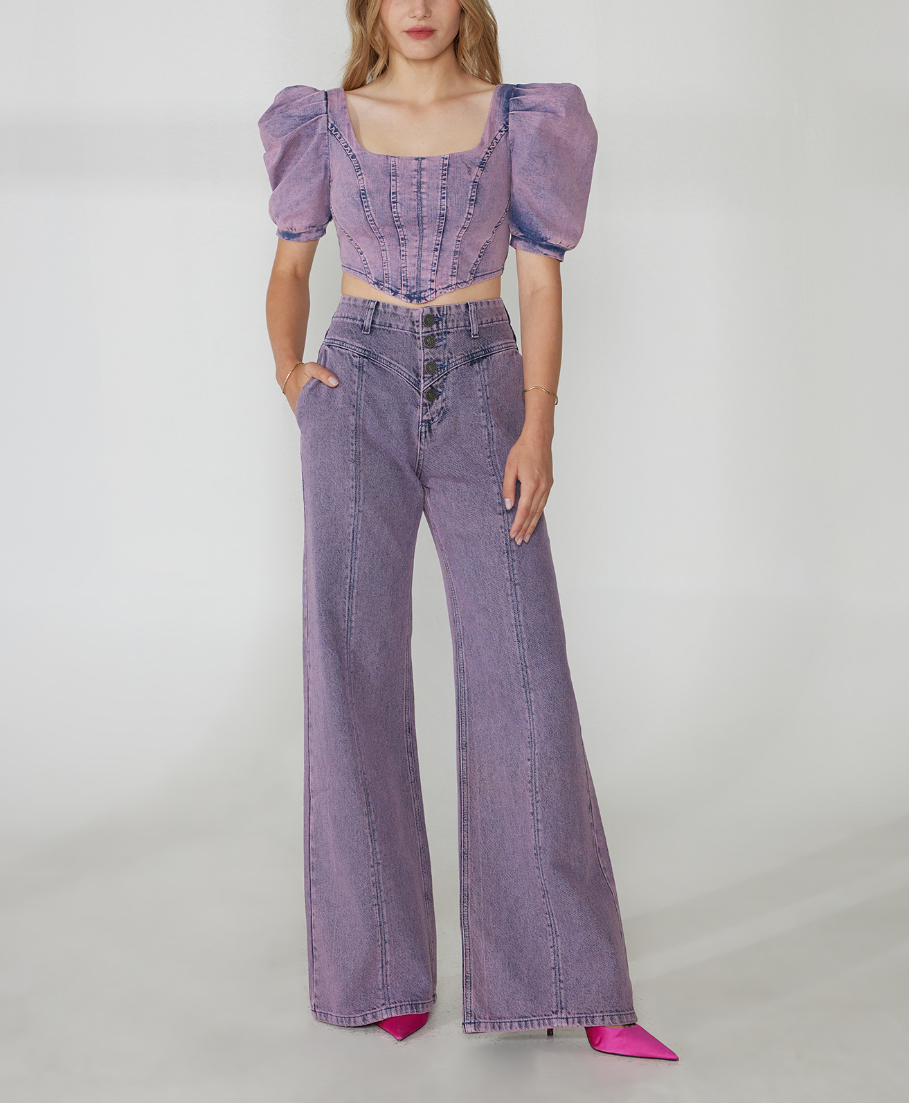 RG-209 Corsage detailed mid rise oversize purple jeans