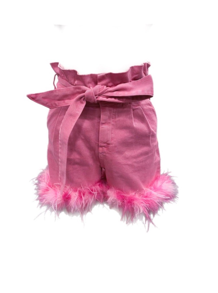 Two-tone pink mini shorts with feather detail