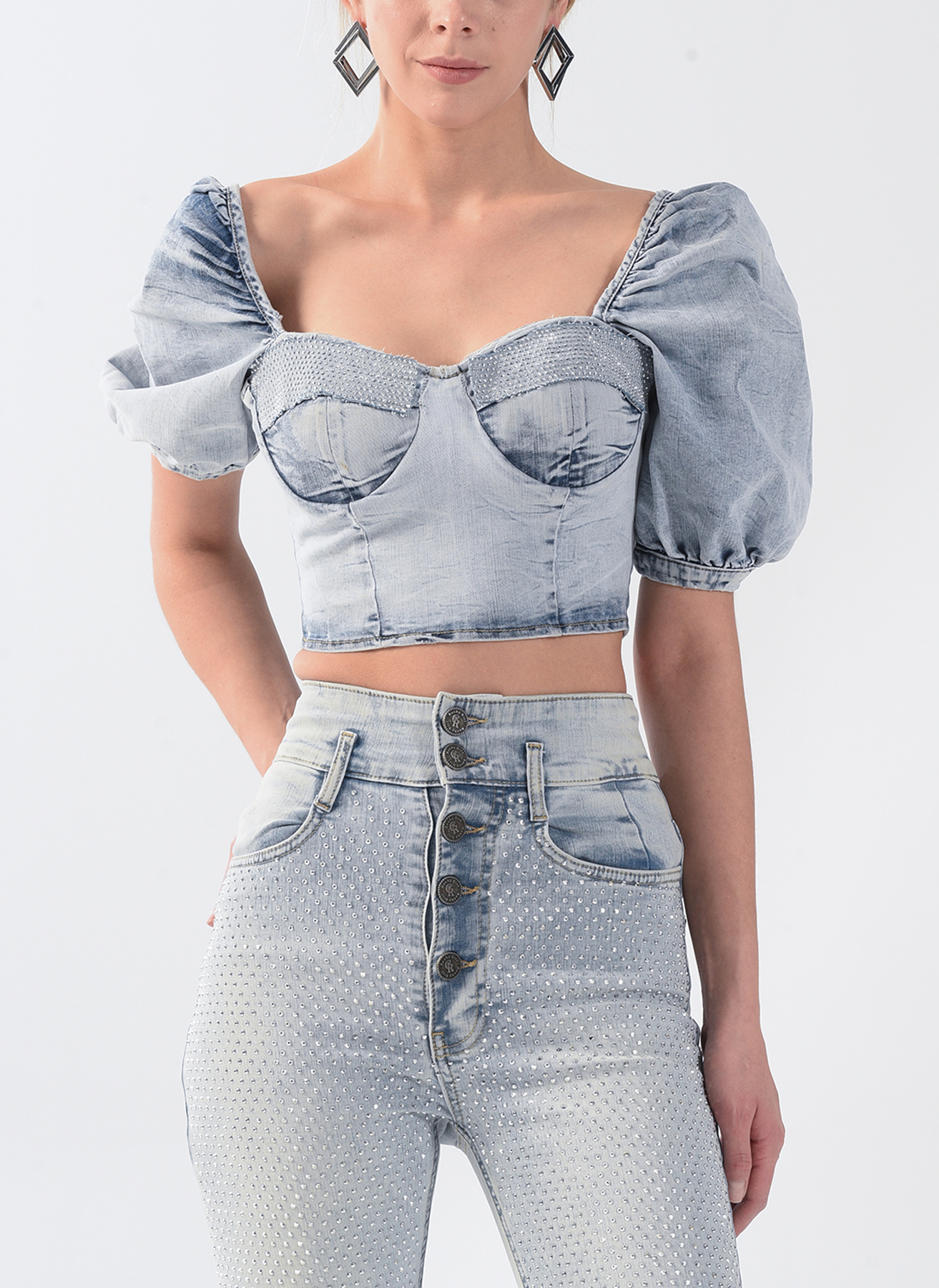 RG-503 Strapless embroidered ice blue denim top
